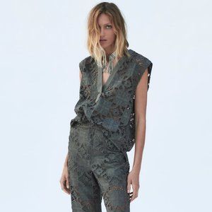 Zara | Openwork Embroidered Tunic Top in Khaki Green NWT